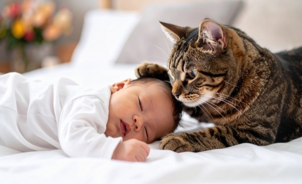 【天才】赤ちゃんの部屋でくつろぐ猫、赤ちゃんが転落しそうになった瞬間、すっ飛んでって阻止